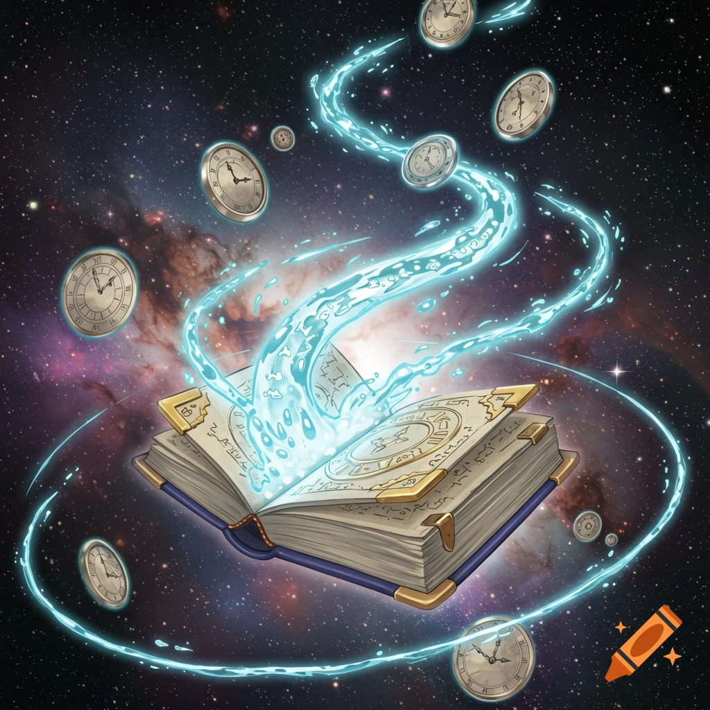 An open magic spell book floats in space, radiating glowing blue energy and surrounded by levitating clocks. The book's pages are covered in mystical symbols.