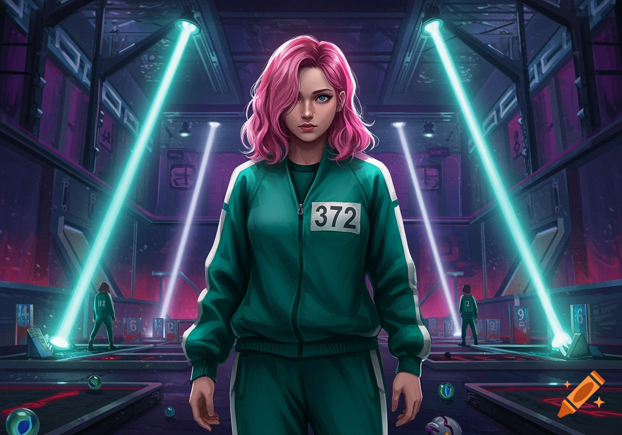 Digital illustration of a female Squid Game contestant with pink hair and blue eyes, wearing a green tracksuit with number 372, standing in a sci-fi game arena with glowing blue lights.