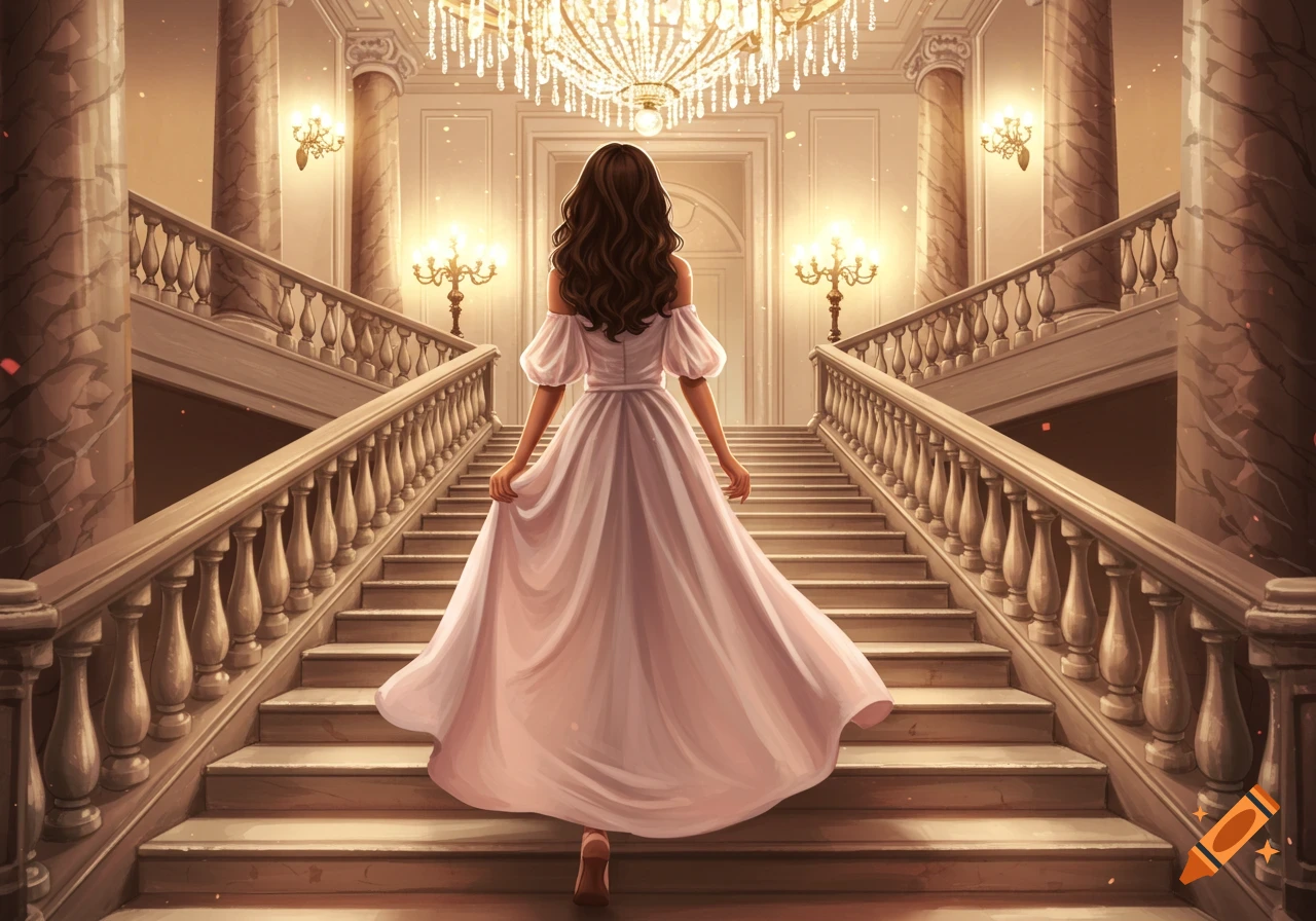 A woman with dark brown hair in a baby pink off-the-shoulder dress walks up a grand staircase in a luxurious hall with chandeliers.
