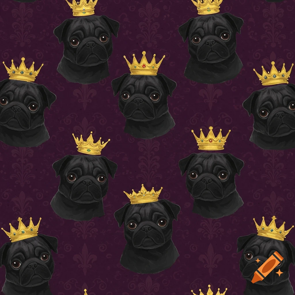 A seamless pattern features numerous black pug heads wearing golden crowns, set against a dark purple background with faint damask-like patterns.