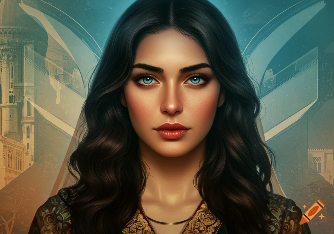 Close-up portrait of a young woman with long wavy dark hair, striking blue eyes, and a patterned garment, set against a stylized background of ancient architecture.