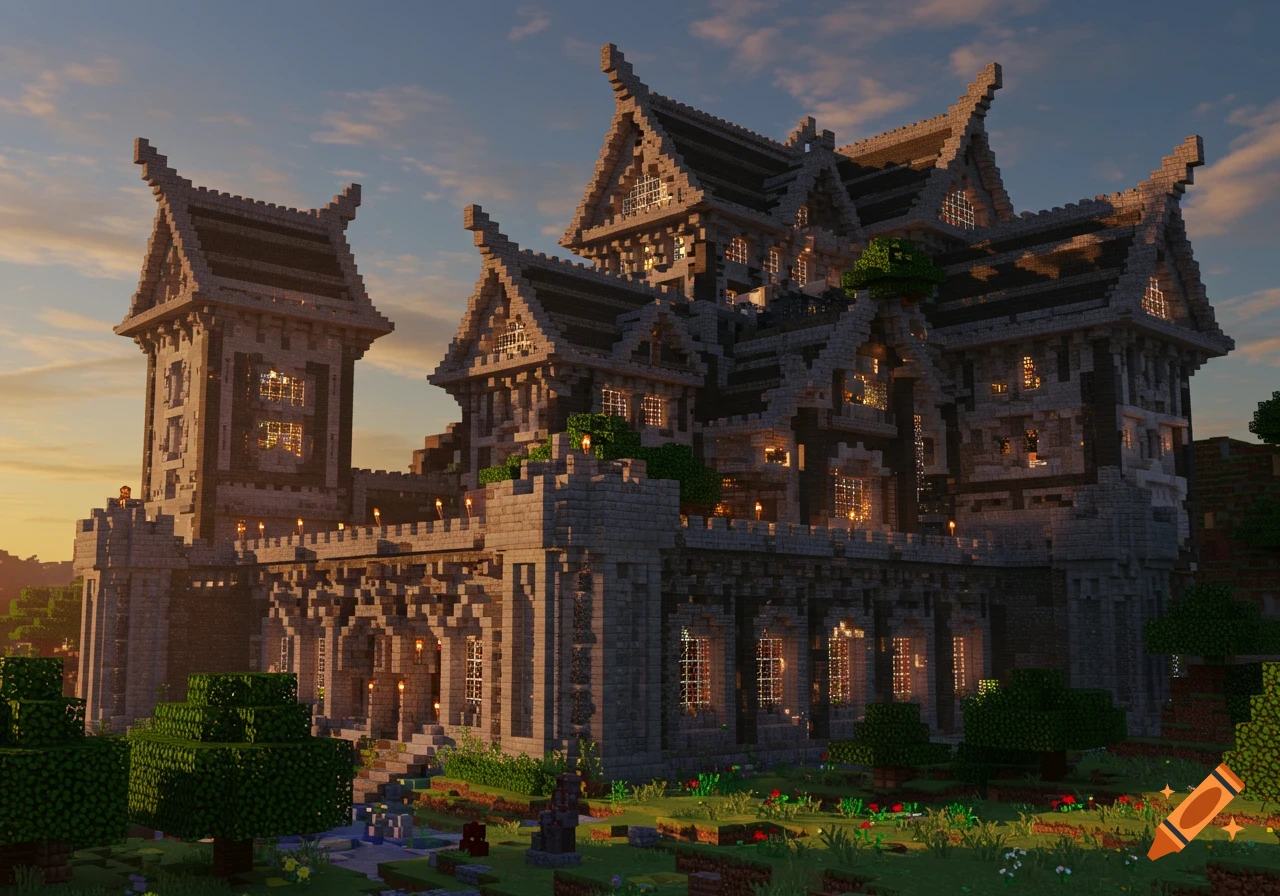 A detailed, blocky Minecraft-style castle with multiple towers and illuminated windows at sunset, surrounded by green foliage and a garden.