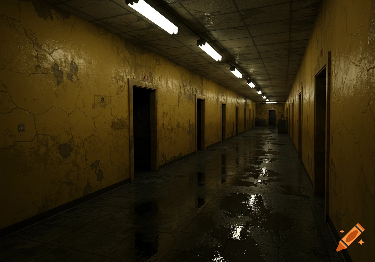 A dark, eerie hallway with cracked yellow walls, puddles on the floor, and fluorescent lights leading into the distance.
