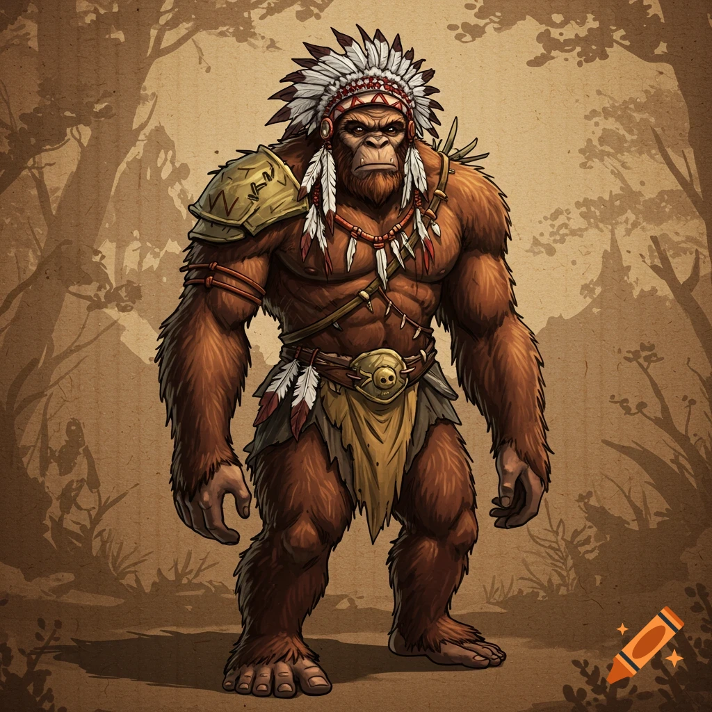 A stylized illustration of a furry Bigfoot-like warrior standing, adorned with a feathered headdress and armor, on a cardboard texture background.