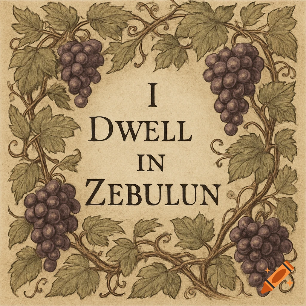 Hand-drawn illustration of "I Dwell in Zebulun" text framed by grapevines with clusters of grapes.