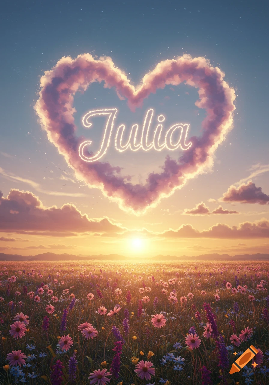 A heart-shaped cloud with 'Julia' glowing within it, floating over a vibrant field of flowers at sunset.