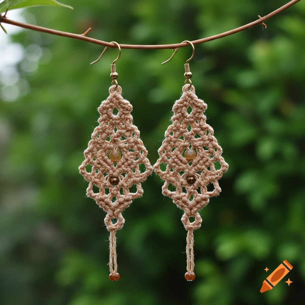 Two intricate beige macrame earrings with small brown beads hang from a thin branch against a blurred green leafy background.