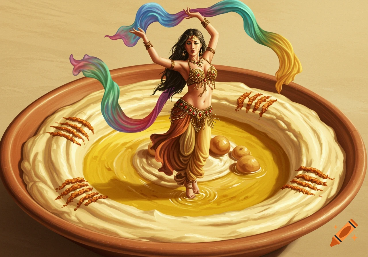 A vibrant fantasy illustration of a belly dancer with flowing scarves standing in a large bowl of hummus with olive oil and chickpeas.