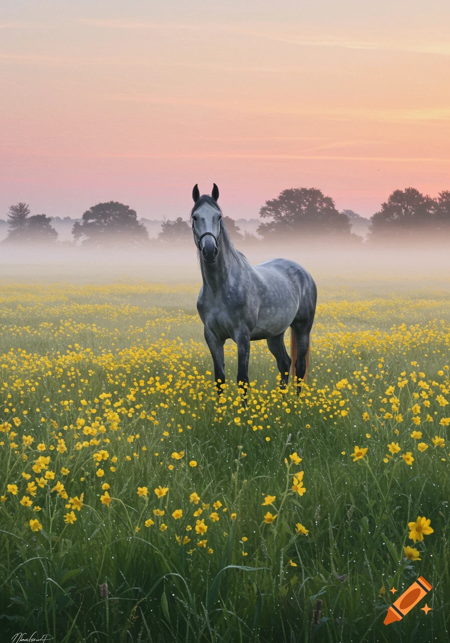 A grey horse stands in a field of bright yellow flowers with misty trees and a pink and orange sky at sunrise.