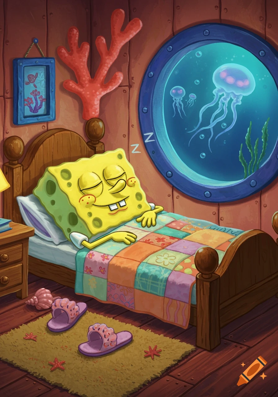 Spongebob Squarepants sleeps soundly in his bed, with Z's floating above him and jellyfish visible through his porthole.