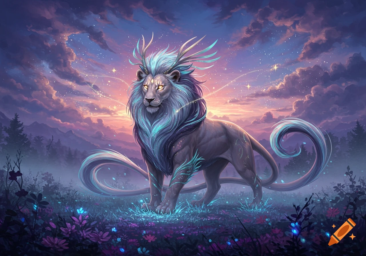 A majestic mythical lion creature with glowing blue mane and antlers stands in a field of luminous flowers under a starry twilight sky.