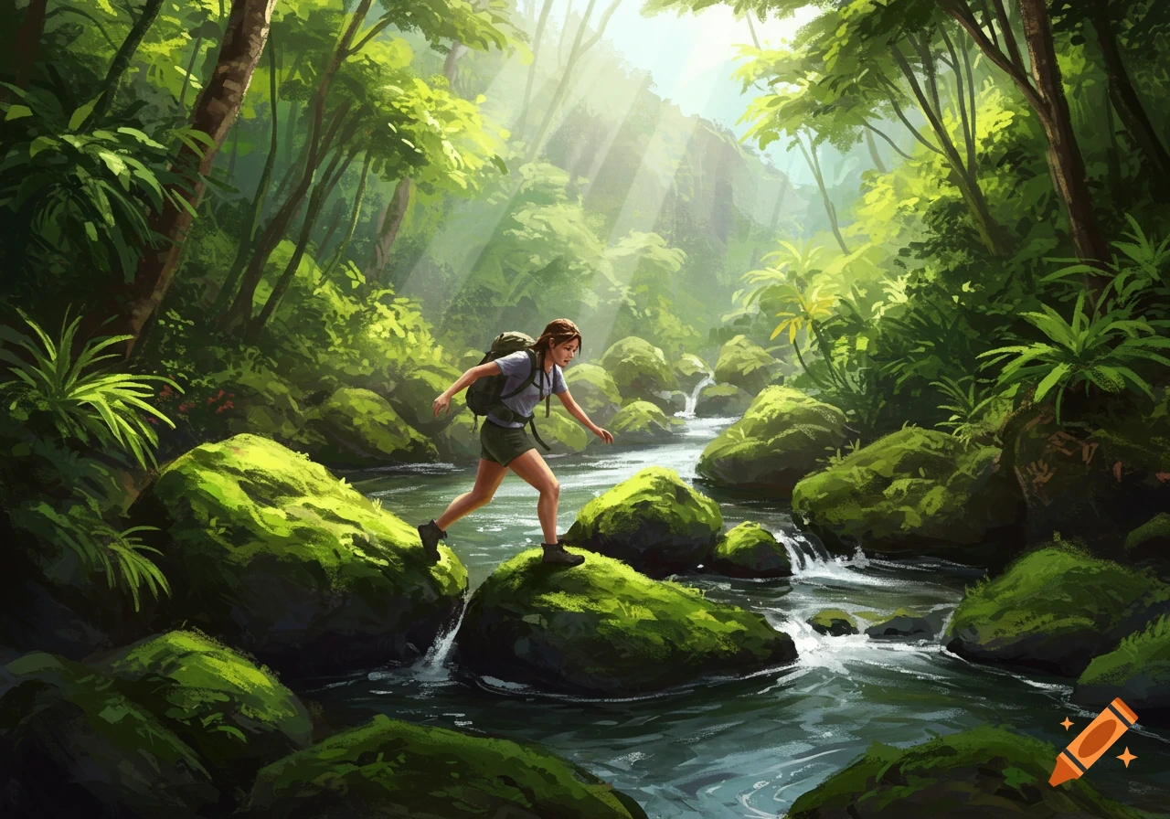 A young woman with a backpack carefully crosses a rocky stream in a lush, sunlit jungle. Illustrated style.