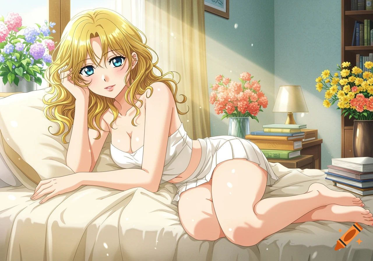 Anime woman with blonde hair and blue eyes, wearing a white top and skirt, lying on a bed in a sunny room with flowers.