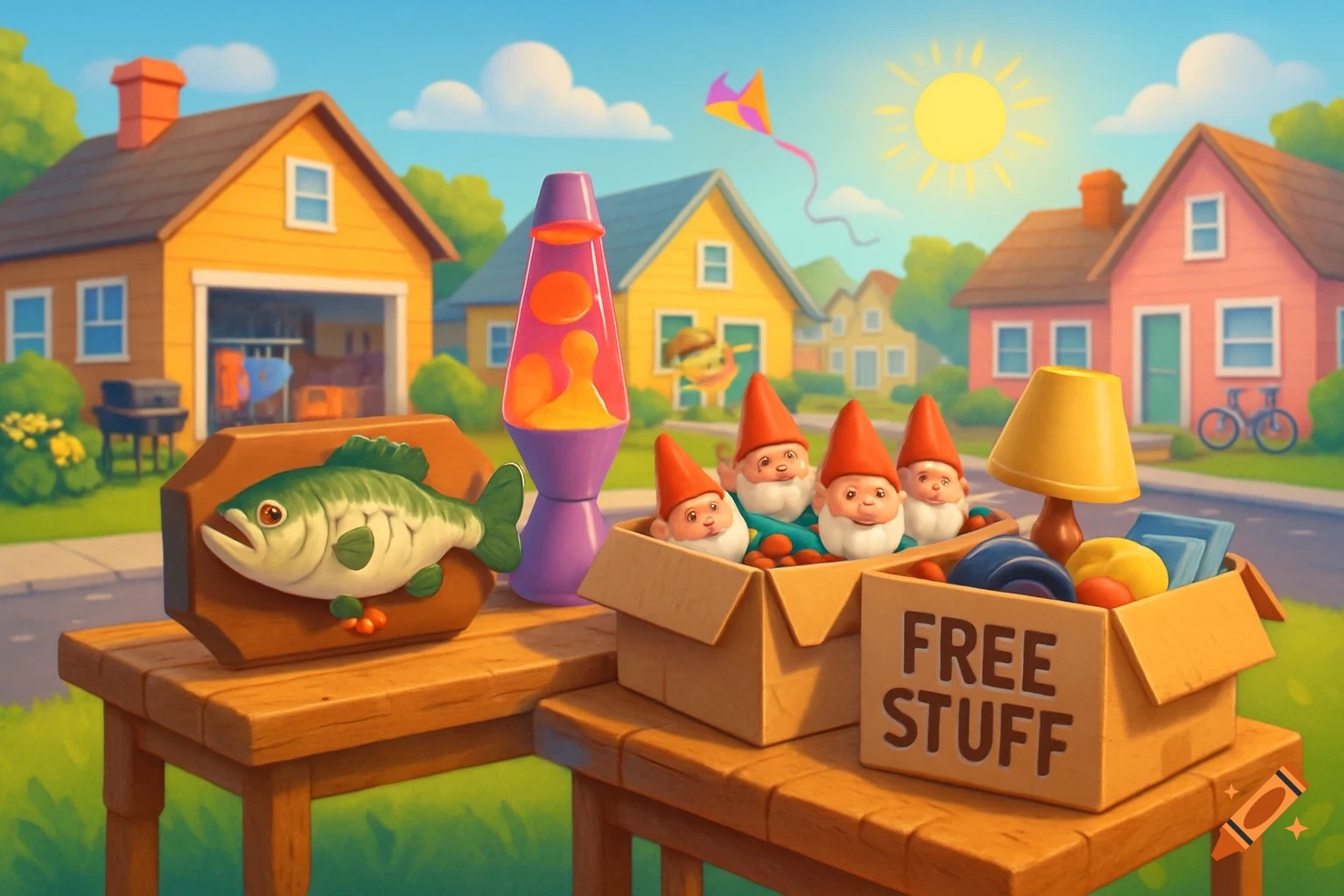 A vibrant, cartoon-style depiction of a garage sale with a mounted fish, lava lamp, box of gnomes, and a 'FREE STUFF' box on tables in a sunny neighborhood.
