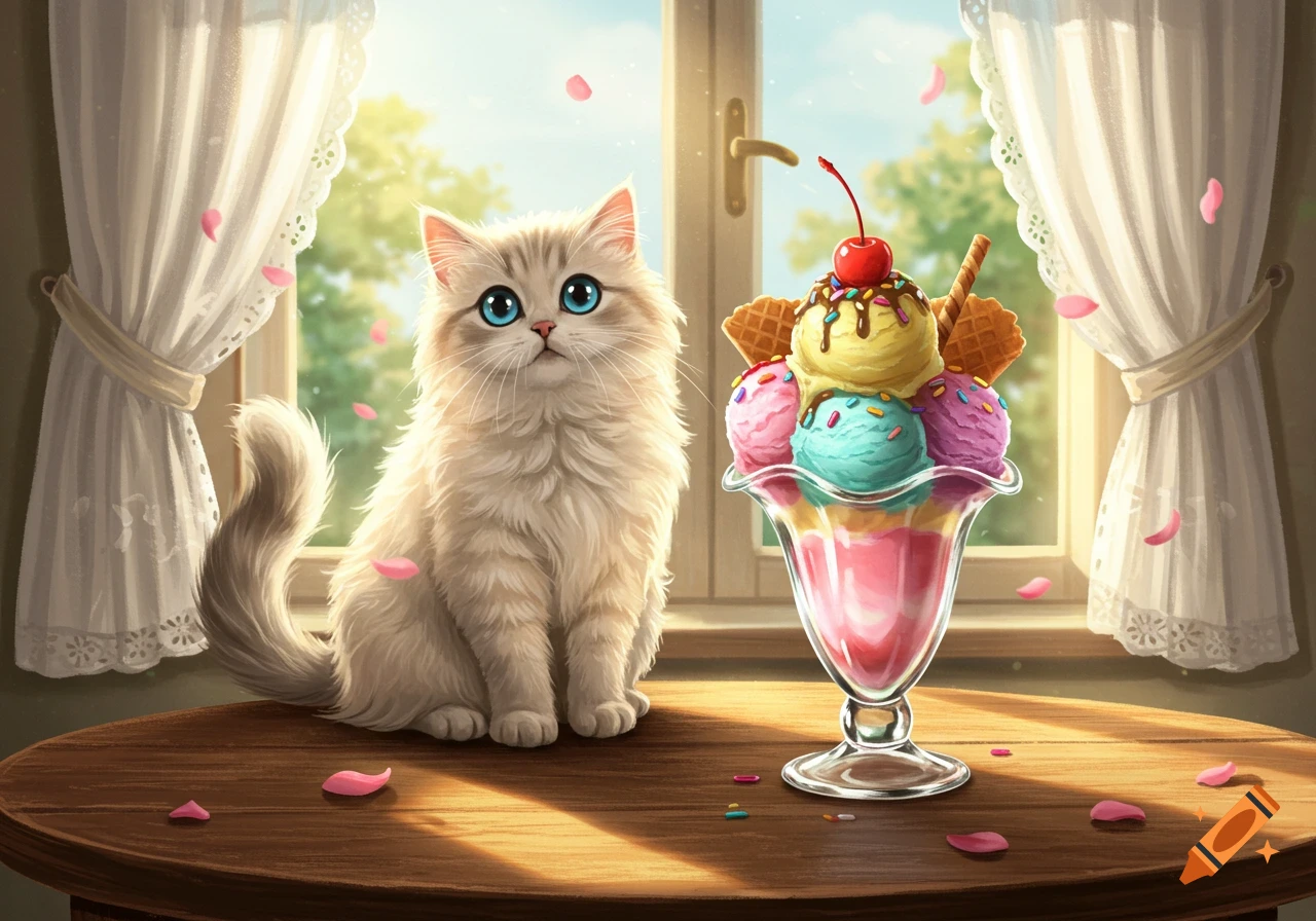 An illustration of a cute fluffy cat sitting on a wooden table next to a large, colorful ice cream sundae by a sunny window with curtains and falling pink petals.