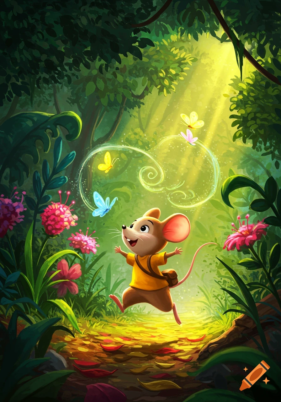 A cheerful cartoon mouse with a satchel skips happily through a vibrant, sunlit forest filled with colorful flowers and butterflies.