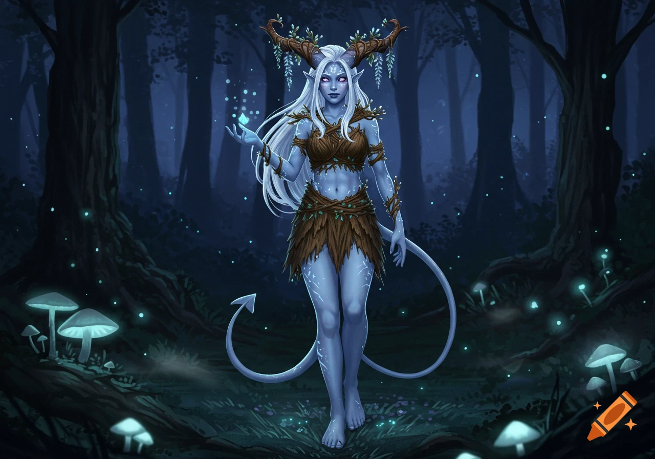 A light blue female teifling with vine horns and leaves for clothing stands in a mystical glowing forest.