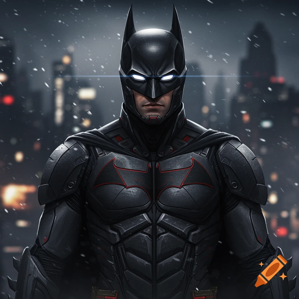 A photorealistic concept art of Batman in a sleek, dark black armored suit with red accents, standing in a snowy city at night.