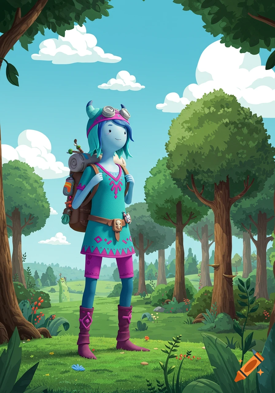 A cartoon female adventurer with blue hair and a backpack stands in a vibrant, stylized forest.