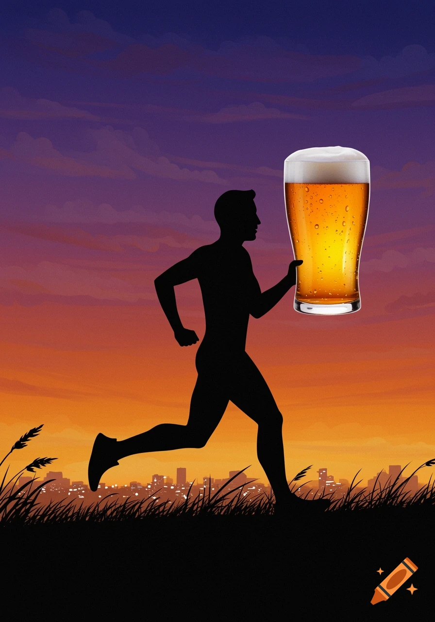 Silhouette of a man running while holding a large glass of beer, against a sunset sky with a city skyline in the background.