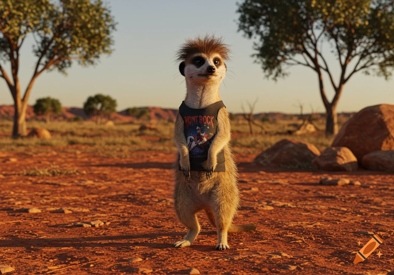 A photorealistic meerkat in a black 'MONT ROCK' t-shirt stands in a red desert landscape.