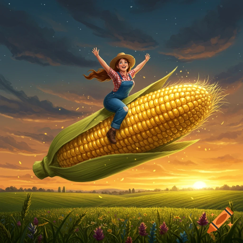 A cheerful farm girl in overalls and a straw hat rides a giant ear of corn like a rocket over a green field at sunset.