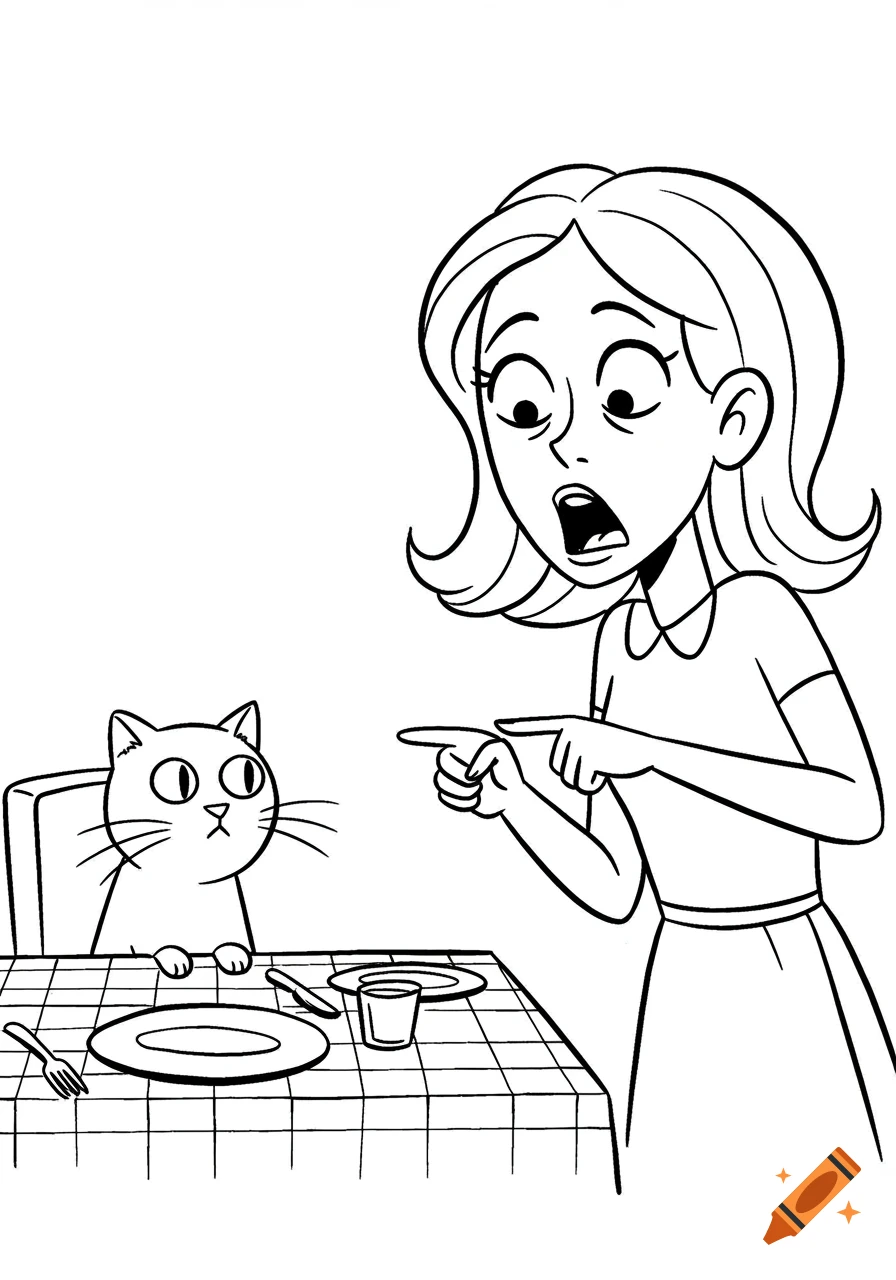 Black outline cartoon drawing of a shocked woman pointing at a cat sitting at a table, referencing the popular meme.