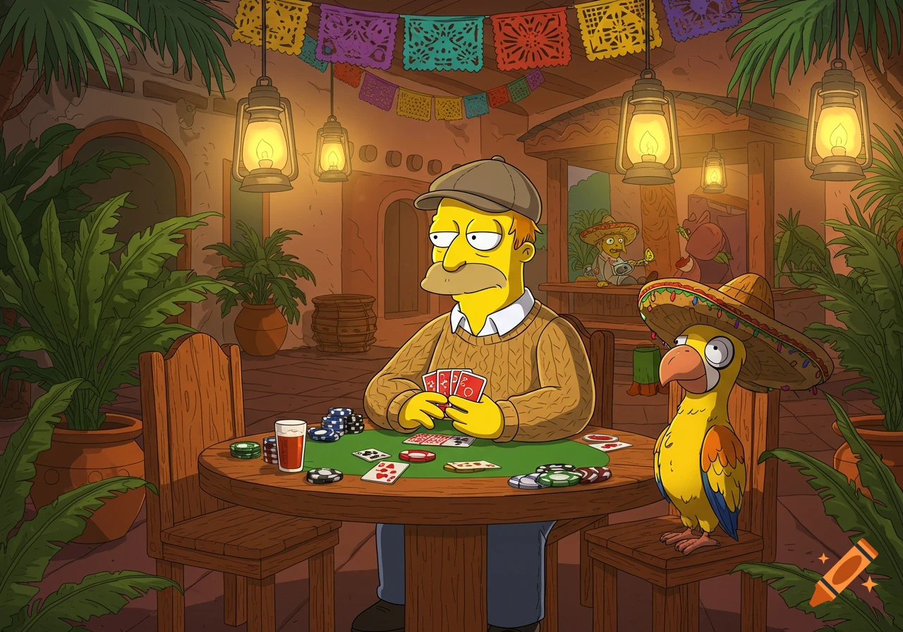 A cartoon character resembling Homer Simpson plays poker with a parrot in a sombrero at a table in a Latin American courtyard decorated with papel picado and lanterns.