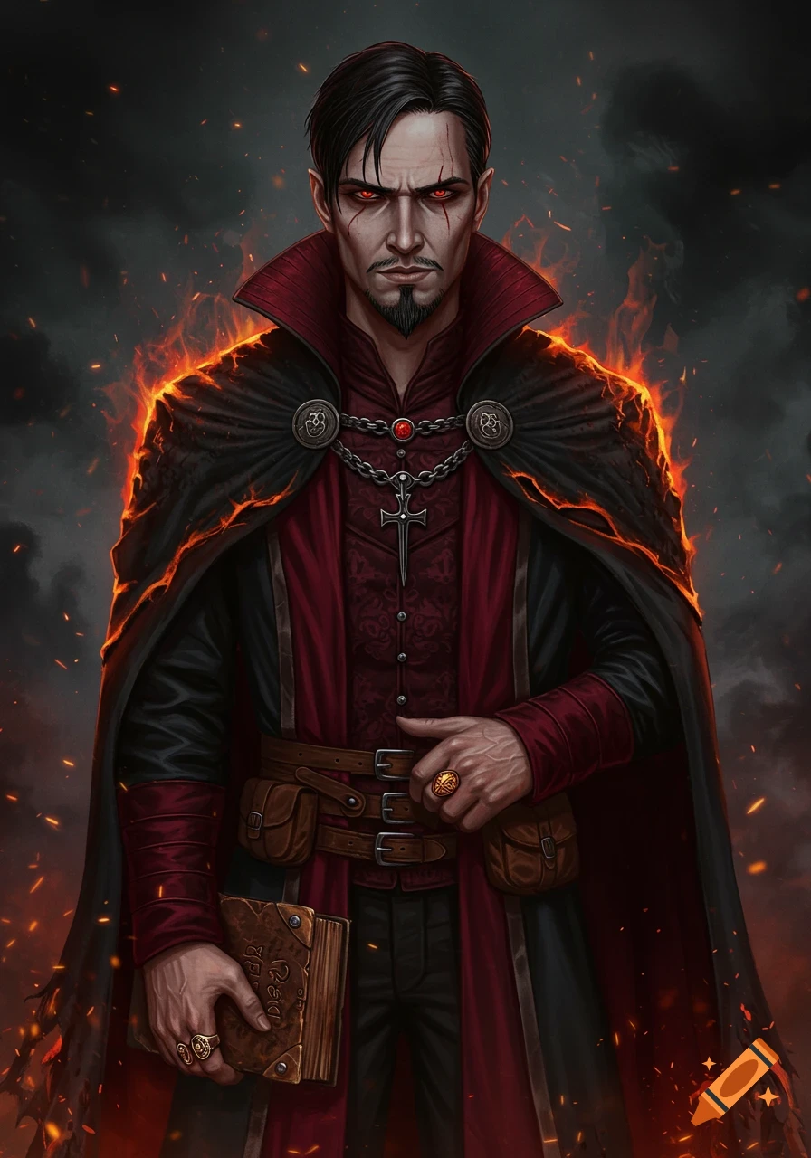 A human warlock with red eyes, a goatee, and dark hair, wearing a gothic-style black and crimson cloak with a fiery aura, holding a grimoire.