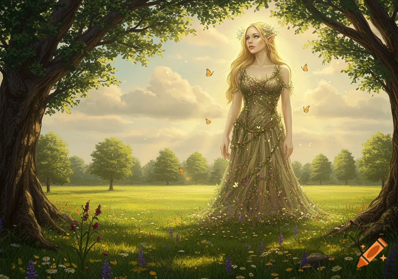 A blonde elf-like woman in a floral vine dress stands in a sunny, wildflower-filled meadow with butterflies and trees.