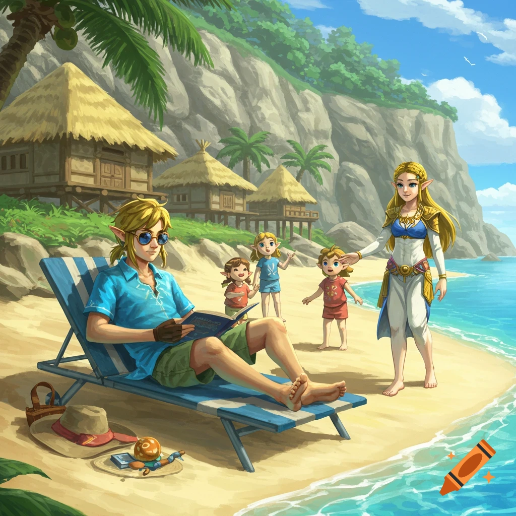 Link reads a book on a beach chair as Zelda talks to children on a sunny beach with huts and a cliff, in a video game style.