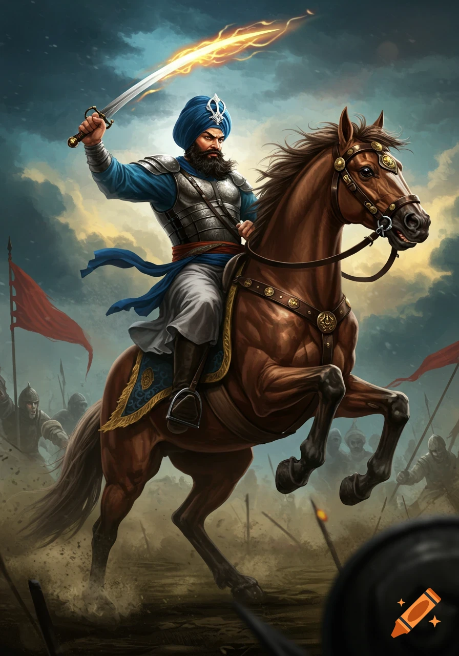 A bearded Sikh warrior in armor rides a brown horse, wielding a glowing sword in battle under a dramatic sky.