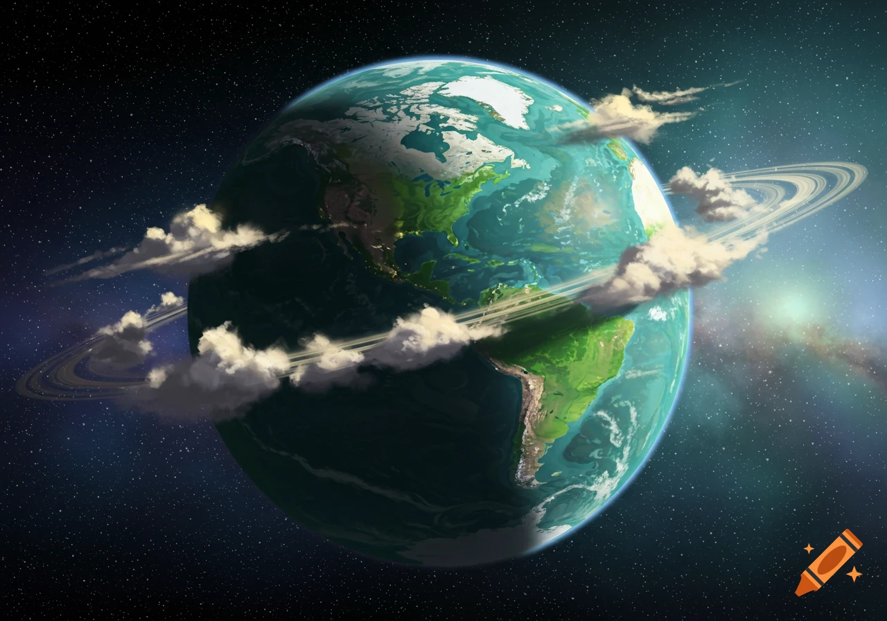 A detailed, stylized planet with continents, clouds, and rings in space against a starry background.