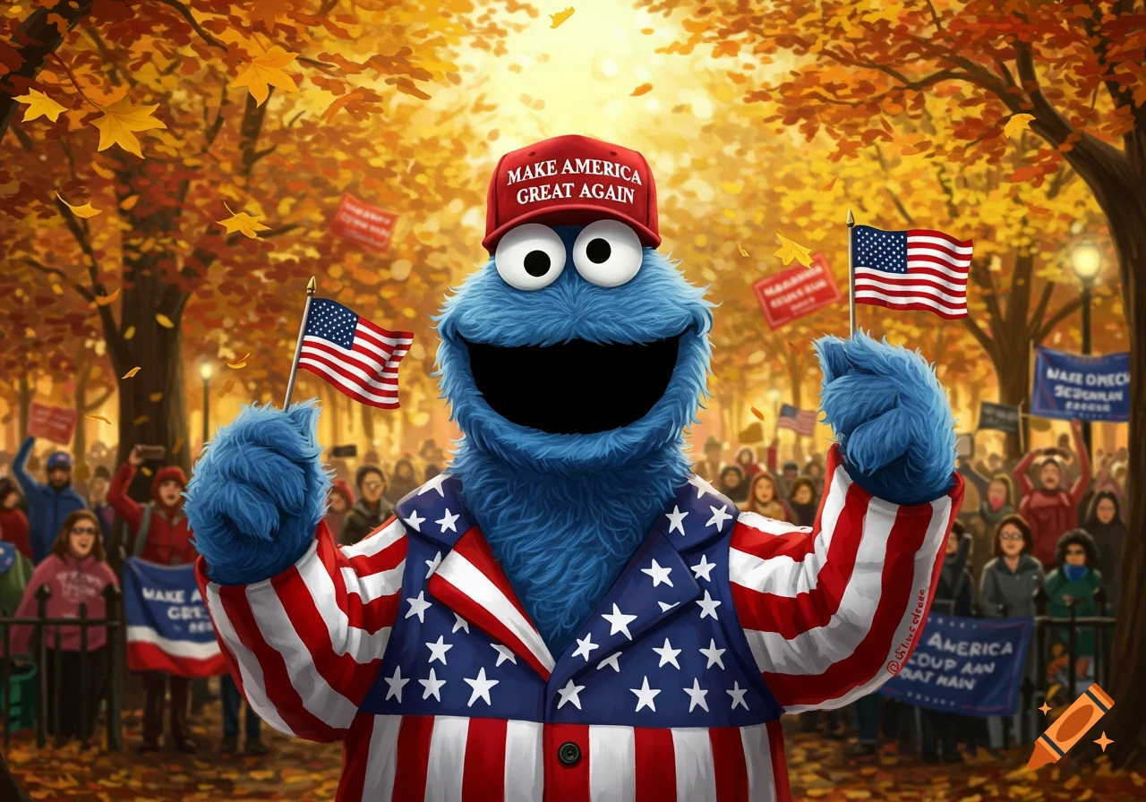 Cookie Monster wearing a "Make America Great Again" hat and a stars and stripes suit, holding American flags at an outdoor rally in an autumn park.