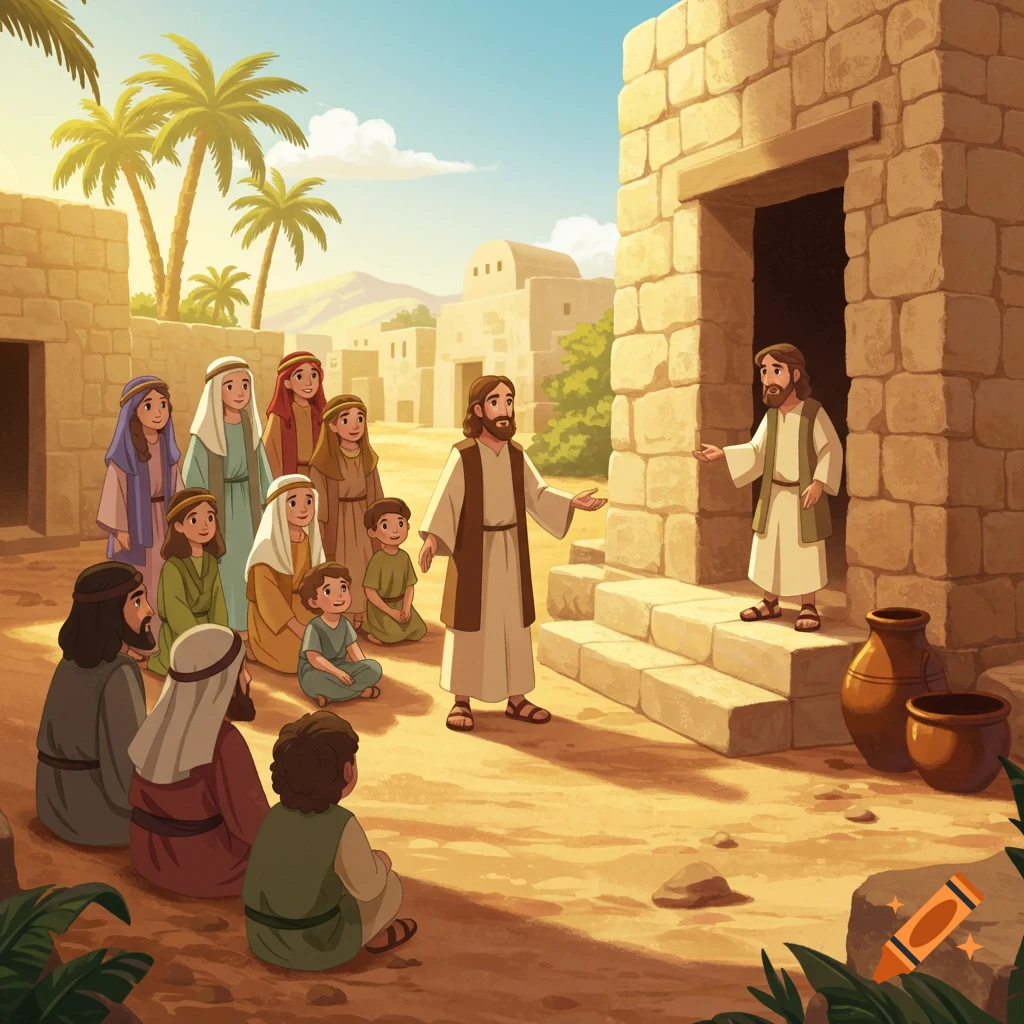 Animated cartoon of Jesus teaching a crowd of adults and children in an ancient village with stone houses and palm trees.