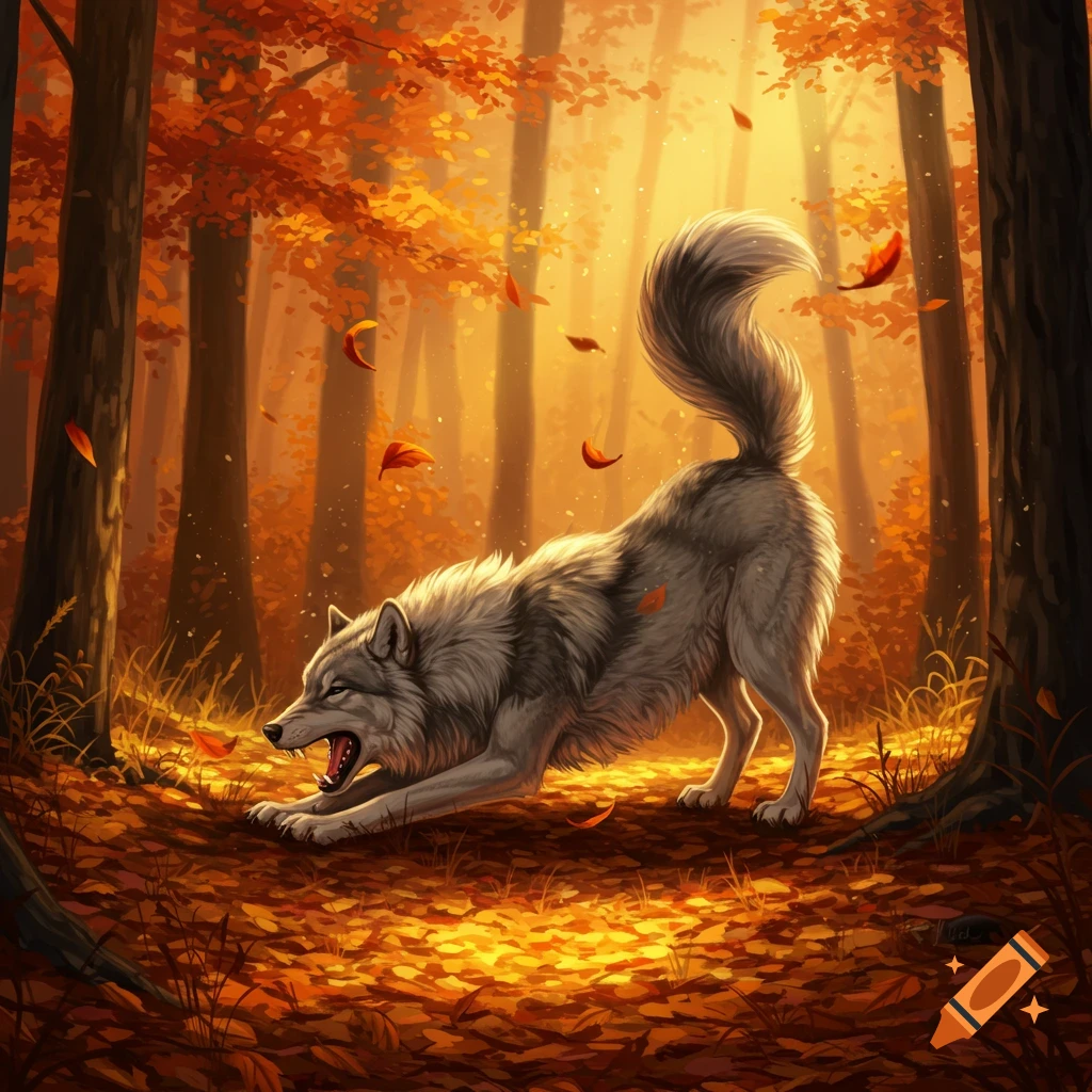 A gray wolf stretches and yawns in an autumnal forest with falling leaves and golden sunlight, digital painting.