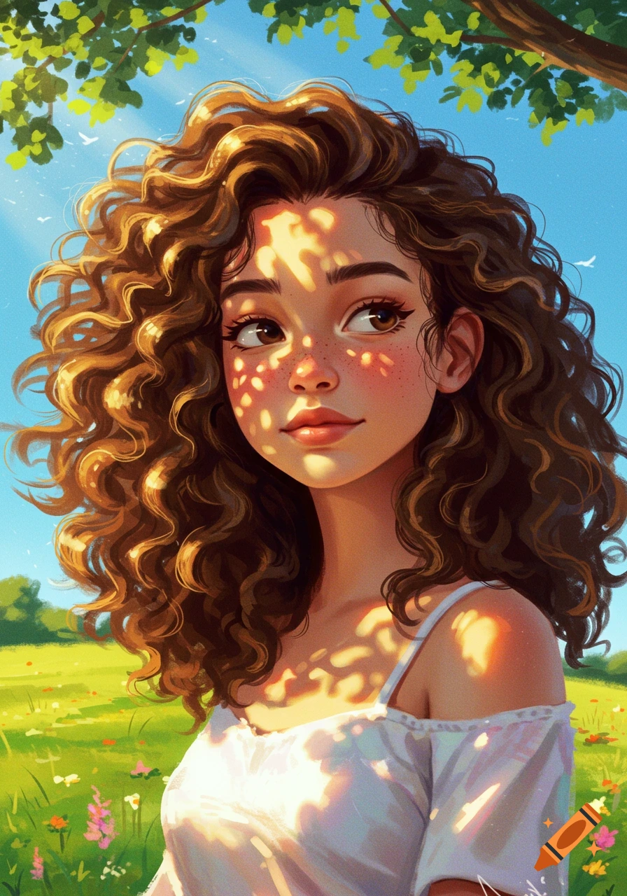 A vibrant digital painting of a young woman with curly brown hair and freckles, bathed in dappled sunlight in a grassy field under a blue sky.