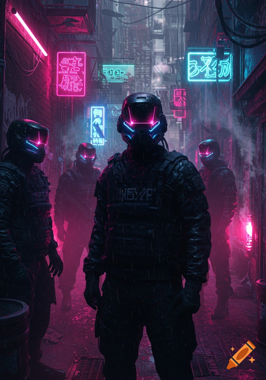 Four futuristic soldiers in black armor with glowing neon visors stand in a dark, rainy cyberpunk alley illuminated by pink and blue neon signs.