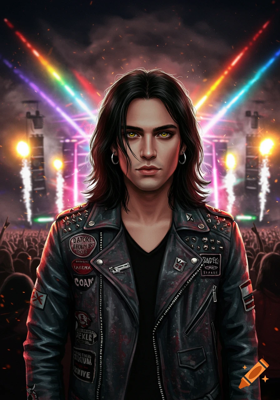 A dark-haired young man with hazel eyes and earrings in a studded leather jacket stands at a vibrant rock concert with stage lights and a crowd.
