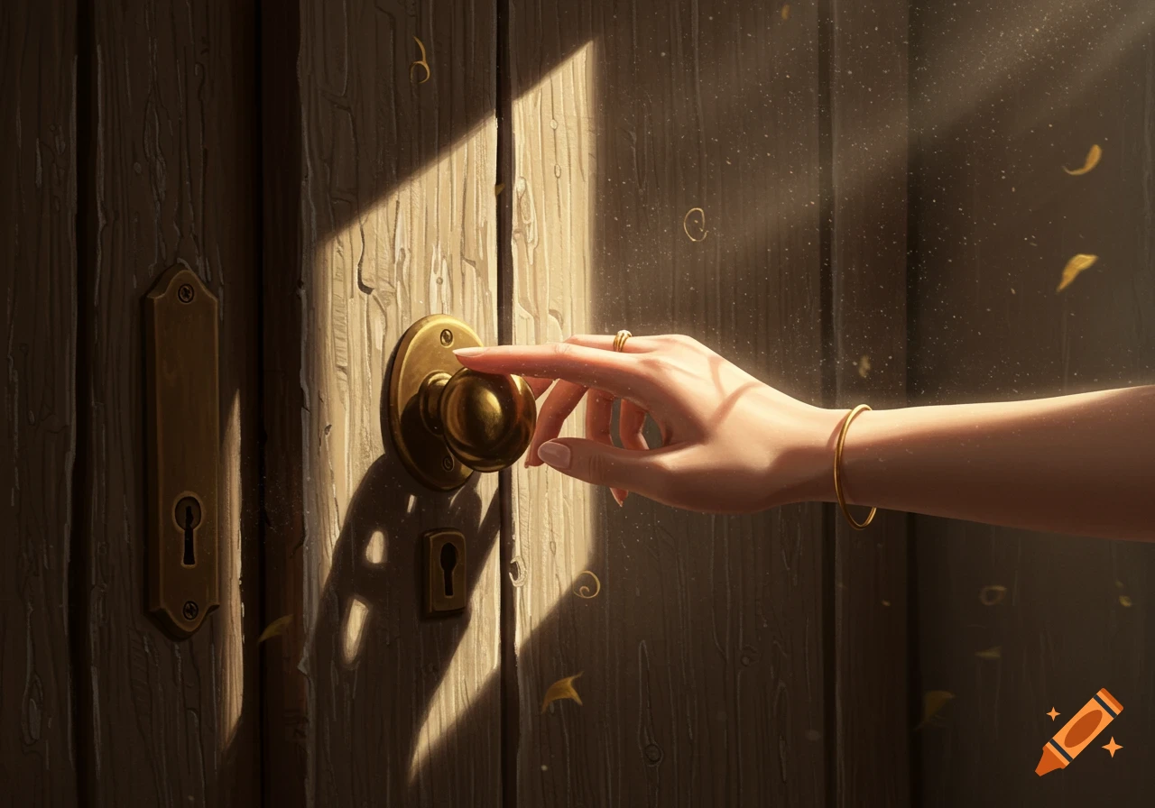 A hand with a gold ring and bracelet reaching for a brass doorknob on a rustic wooden door, bathed in a warm ray of light.