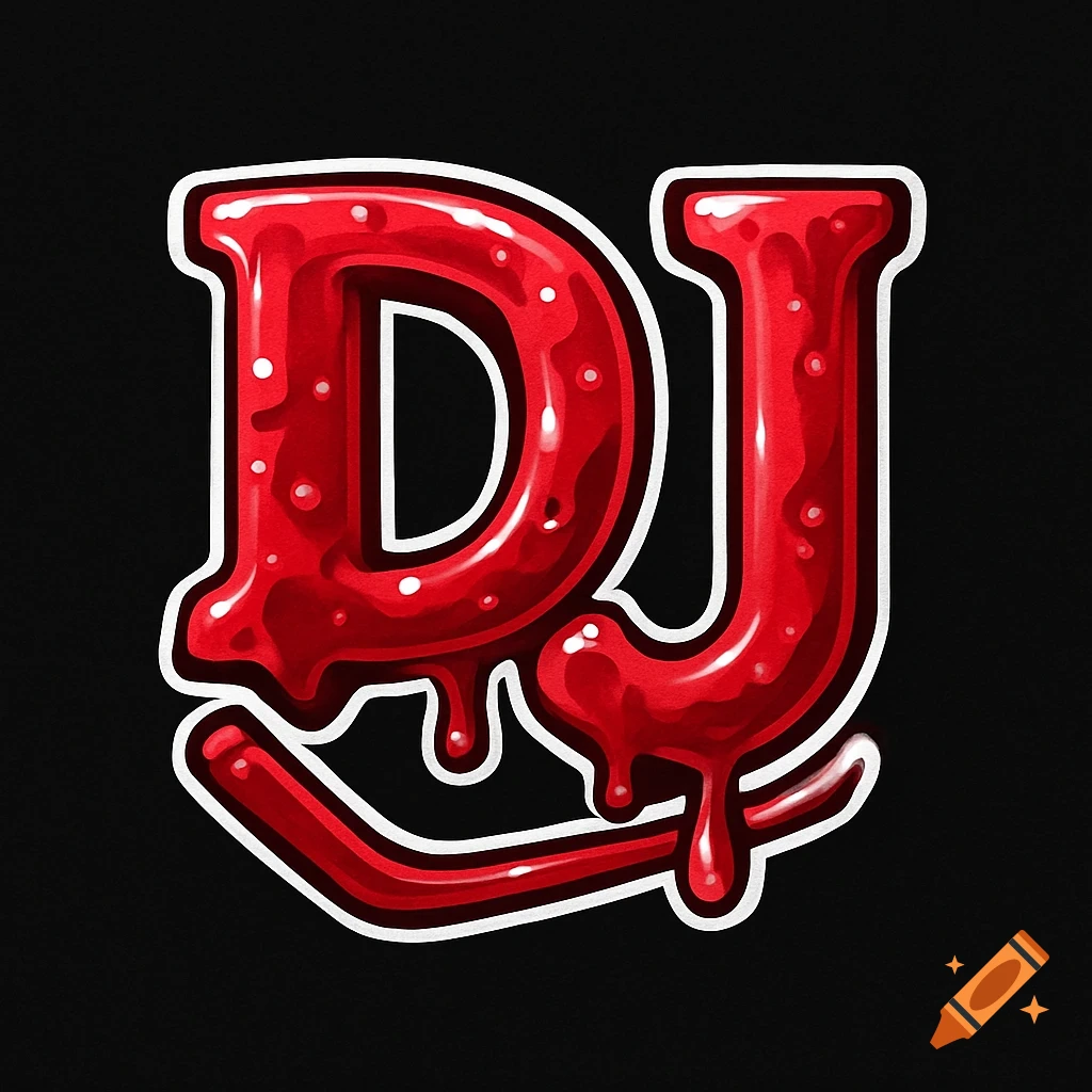 Red raspberry jelly-themed text 'DJ' with drips, outlined in white, on a black background.