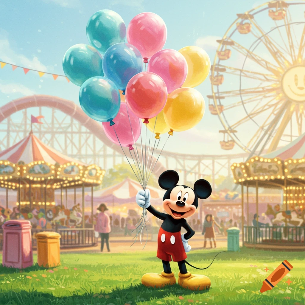 Mickey Mouse holding colorful balloons in a grassy amusement park with a carousel and Ferris wheel in the background, vibrant illustrative style.