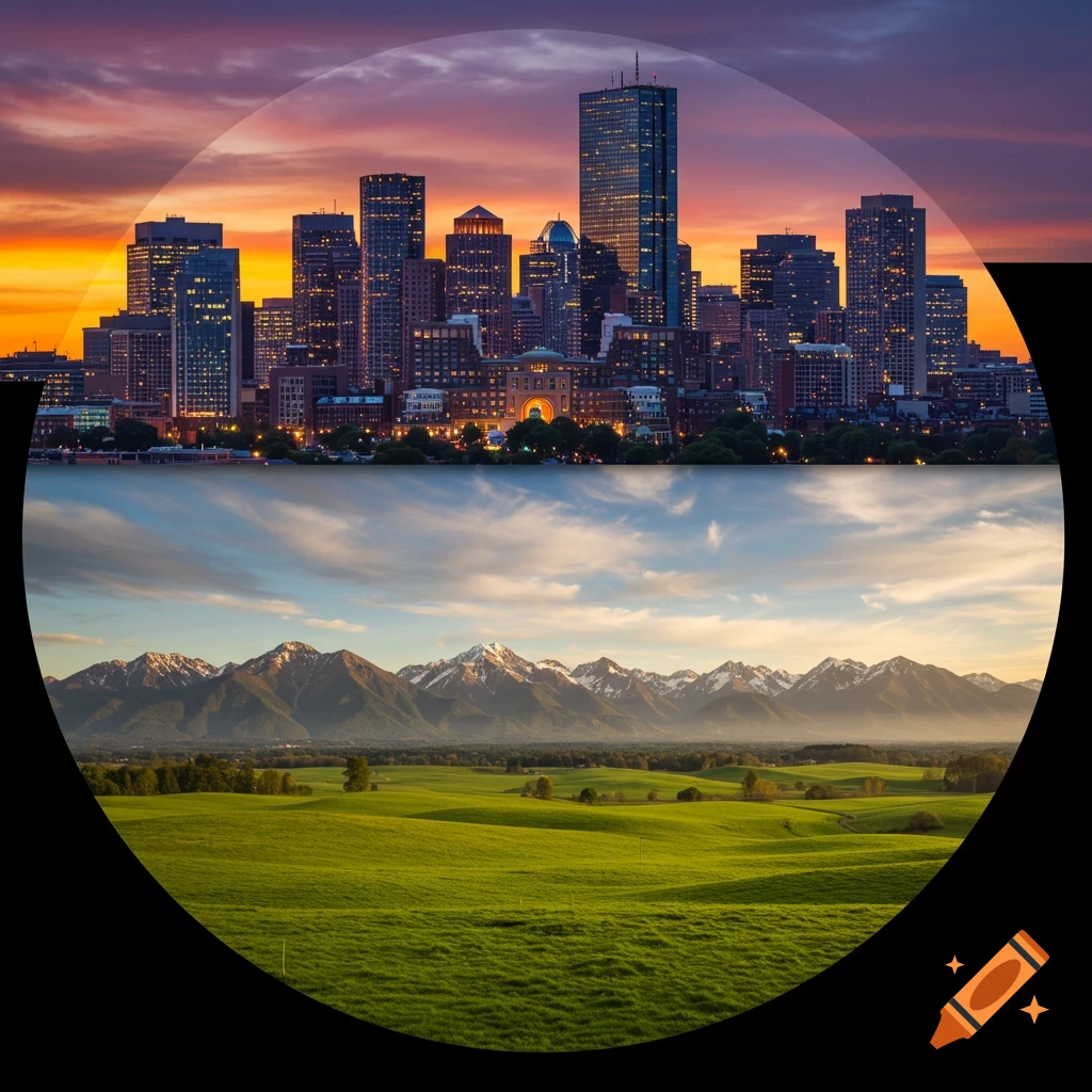 A circular image showing the Boston skyline at sunset on top and a lush green field with snowy mountains on the bottom.