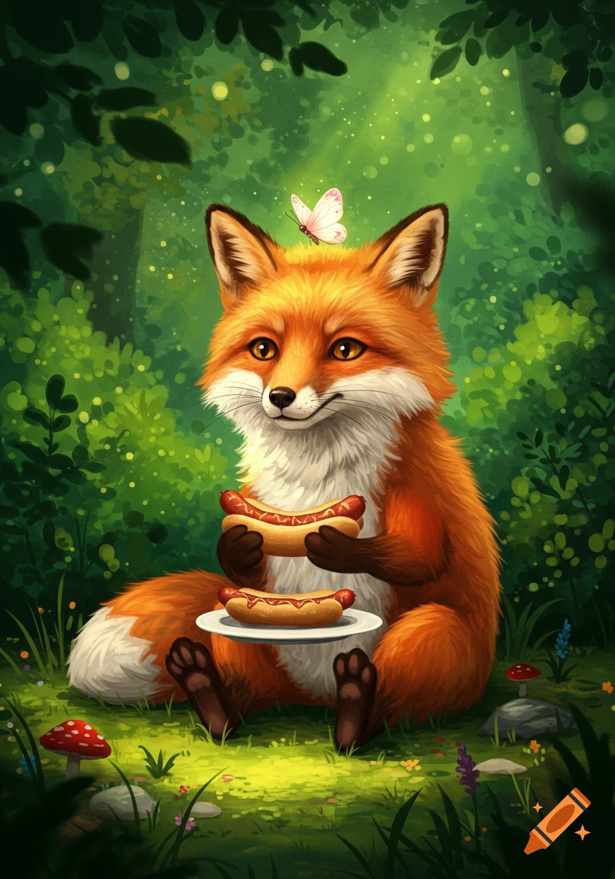 A cute, furry orange and white fox sitting in a green forest, holding a hotdog and looking at another hotdog on a plate. A small butterfly rests on its head.