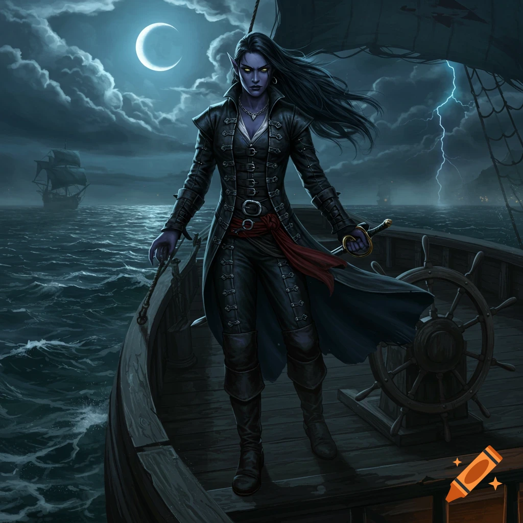 A dark elf pirate captain in black leathers on a ship deck at night, with a crescent moon and stormy lightning in the sky. Digital art.