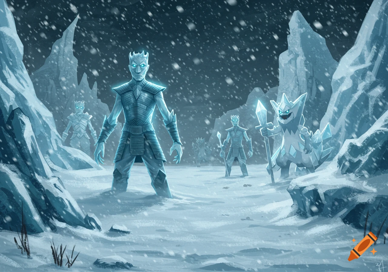 White Walkers and an ice-type Pokémon in a snowy, icy landscape, digital illustration.