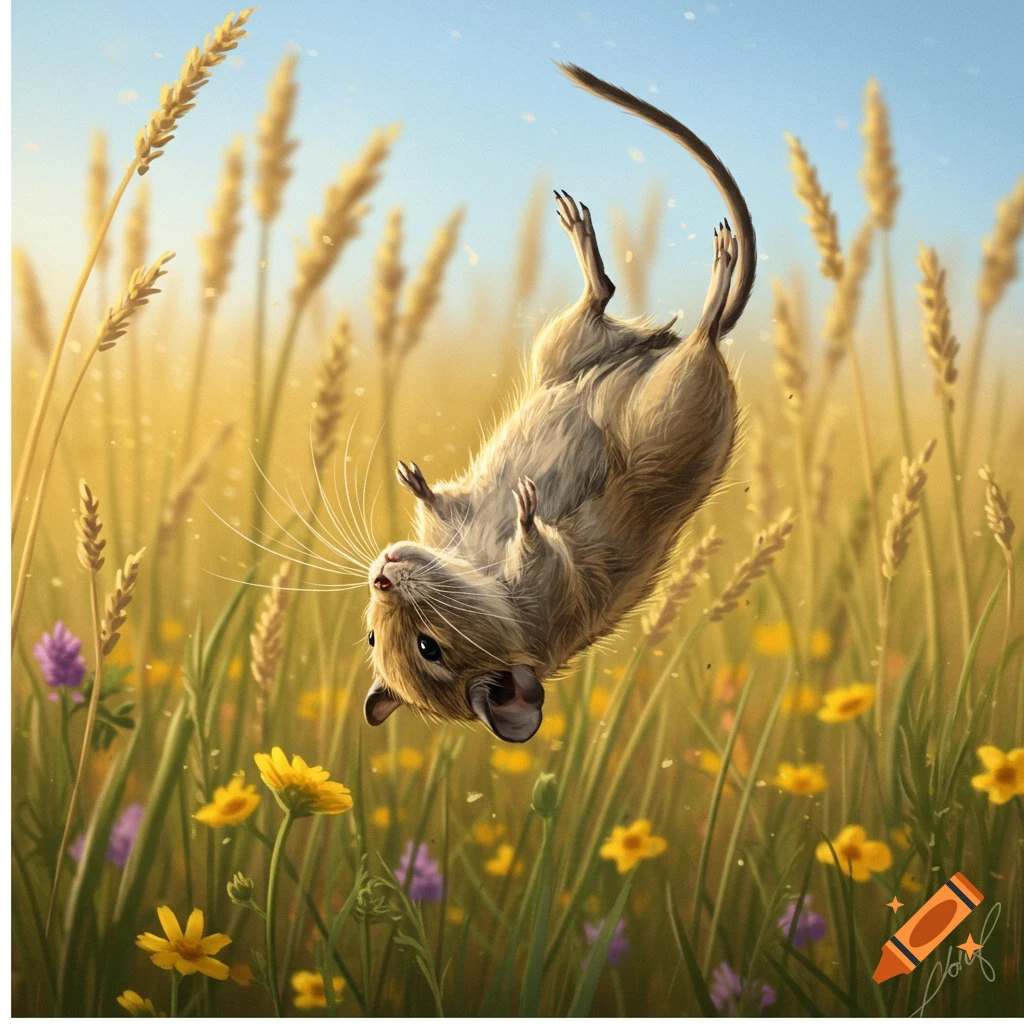 A furry degu is captured mid-backflip in a sunlit field of golden wheat and purple and yellow wildflowers.