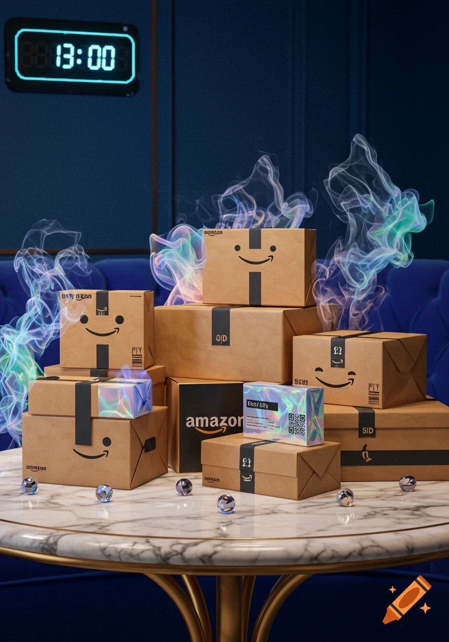 Still life photo of several Amazon boxes with smiley faces and a digital clock showing 13:00 on a marble table.