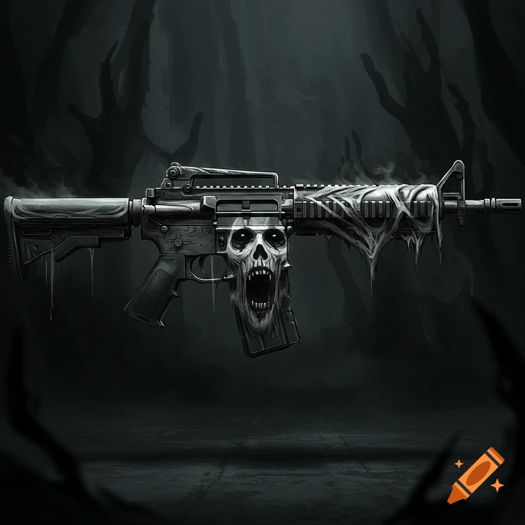 A dark, horror-themed AR15 rifle with a screaming skeletal ghost face on its magazine and melting flesh-like textures, set against a shadowy background with gnarled hands.