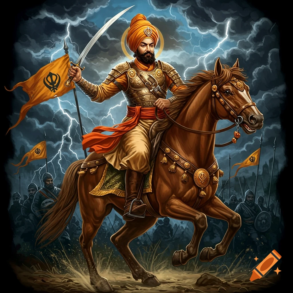 Sikh warrior on horseback with sword and Khanda flag, stormy sky with lightning, army in background. Detailed digital painting.